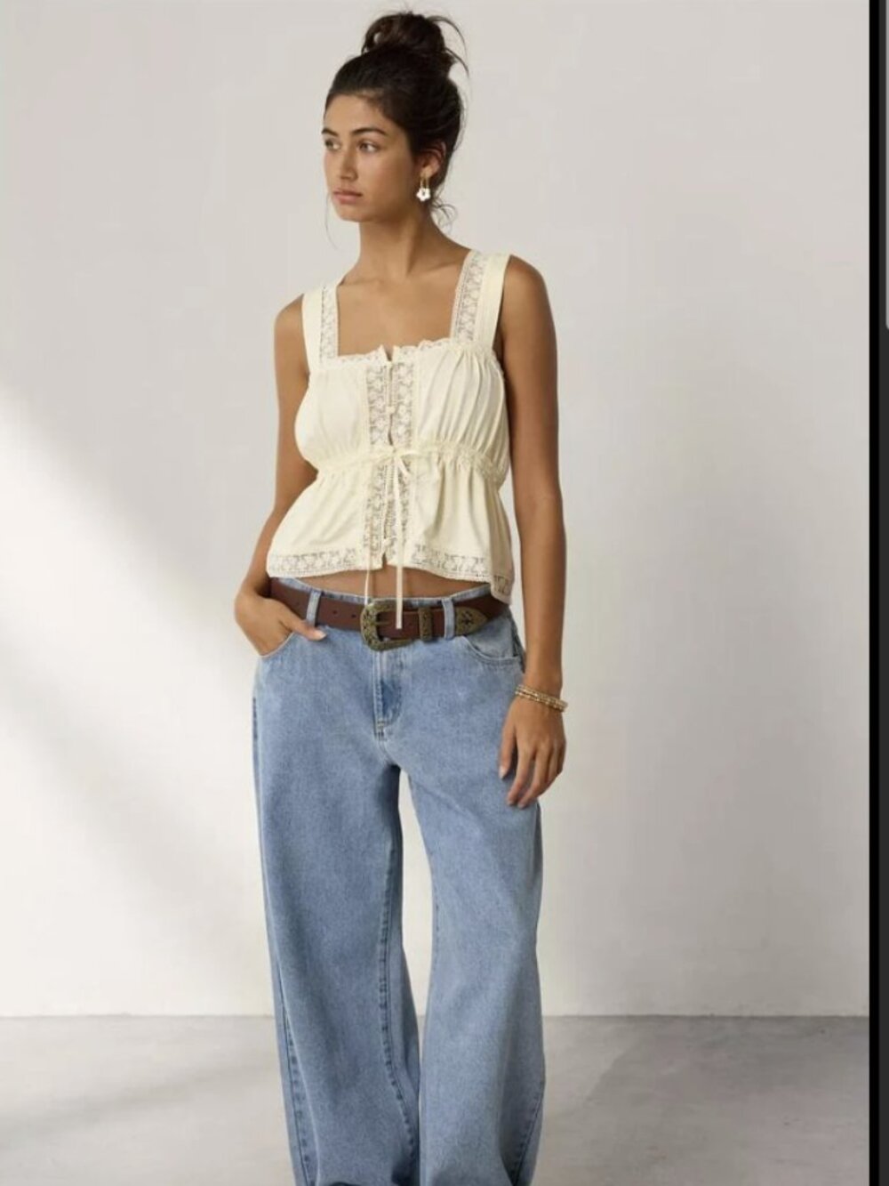 Kimchi Blue Amelie Eyelet Lace Trim Tie-Front Babydoll Top